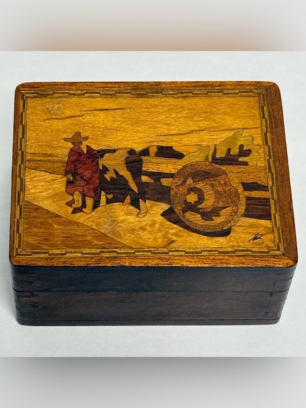 Vintage 1940s Jesús Salmón Signed Mexican Marquetry Box | Ox Cart Scene | Mexico